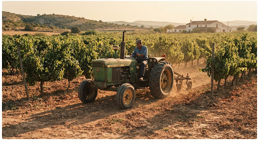Maquinaria agrícola tradicional trabajando la tierra en fincas de Yecla
