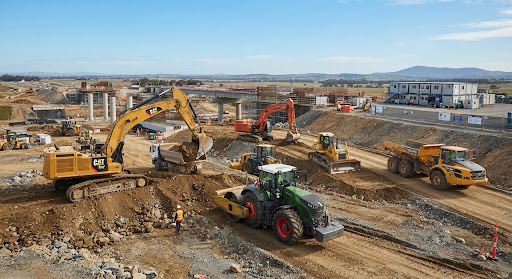 Flota de maquinaria pesada y excavadoras realizando labores de obra civil